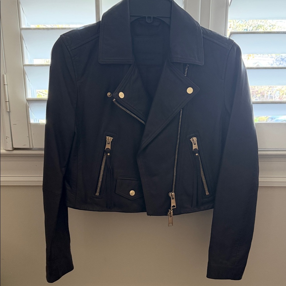 AllSaints chocolates brownLeather Moto Jacket with Polished Hardware
